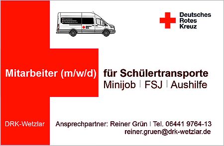 Grafik mit rotem Kreuz und Text zur Stellenanzeige für Mitarbeiter (m/w/d) für Schülertransporte als Minijob, FSJ oder Aushilfe, inklusive Kontaktinformationen und Abbildung eines weißen Transporters mit Deutschem Roten Kreuz-Logo.